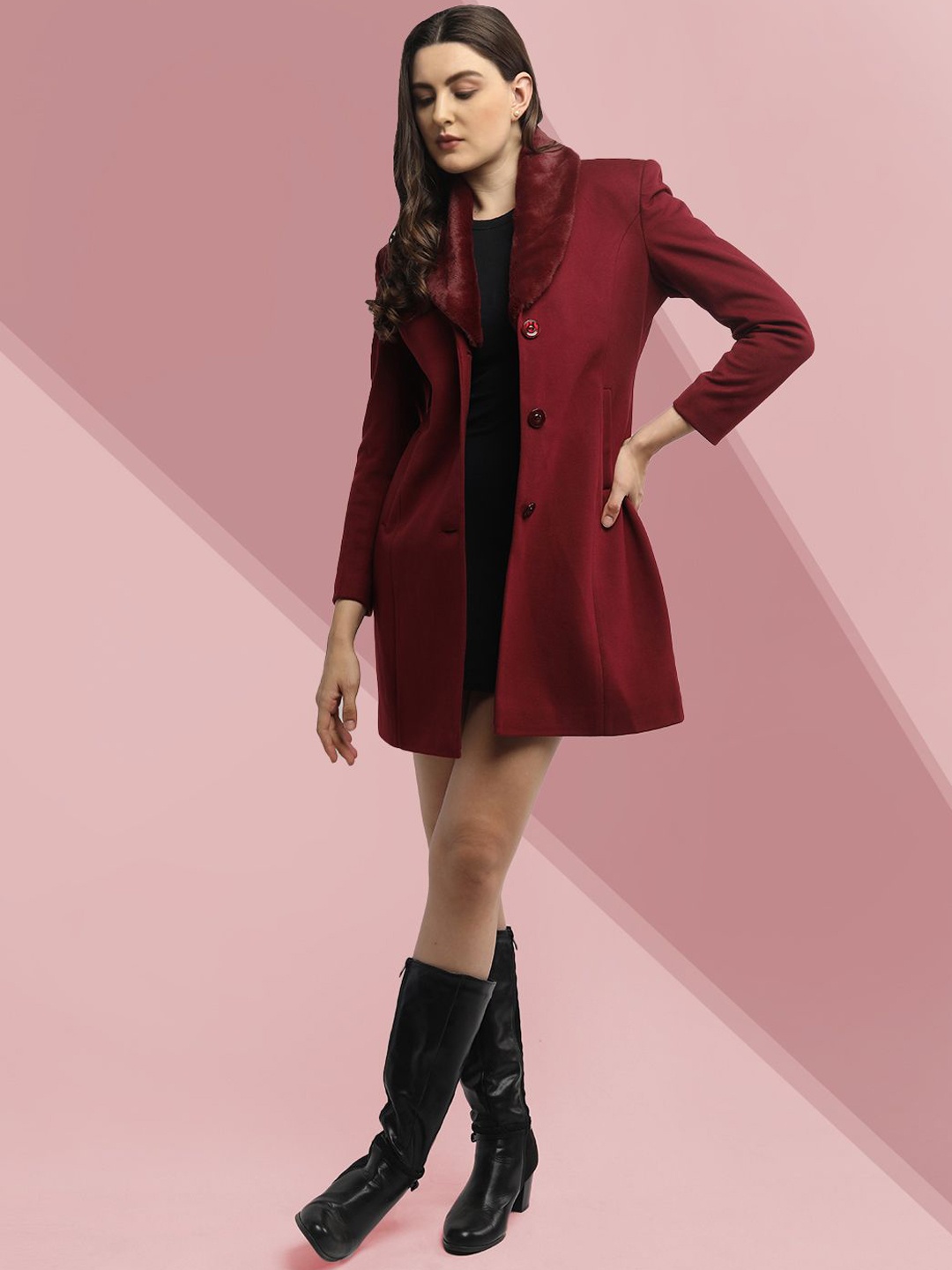 

The Roadster Lifestyle Co. Women Solid Shawl Collar Single Breasted Wool Overcoat, Maroon