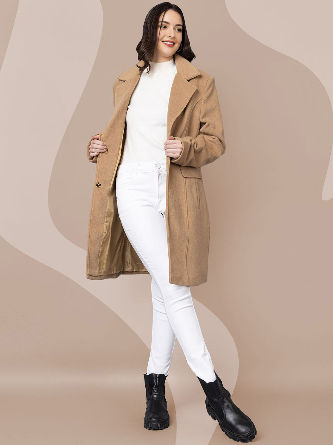 

The Roadster Lifestyle Co. Women Solid Woollen Single Breasted Overcoat, Camel brown