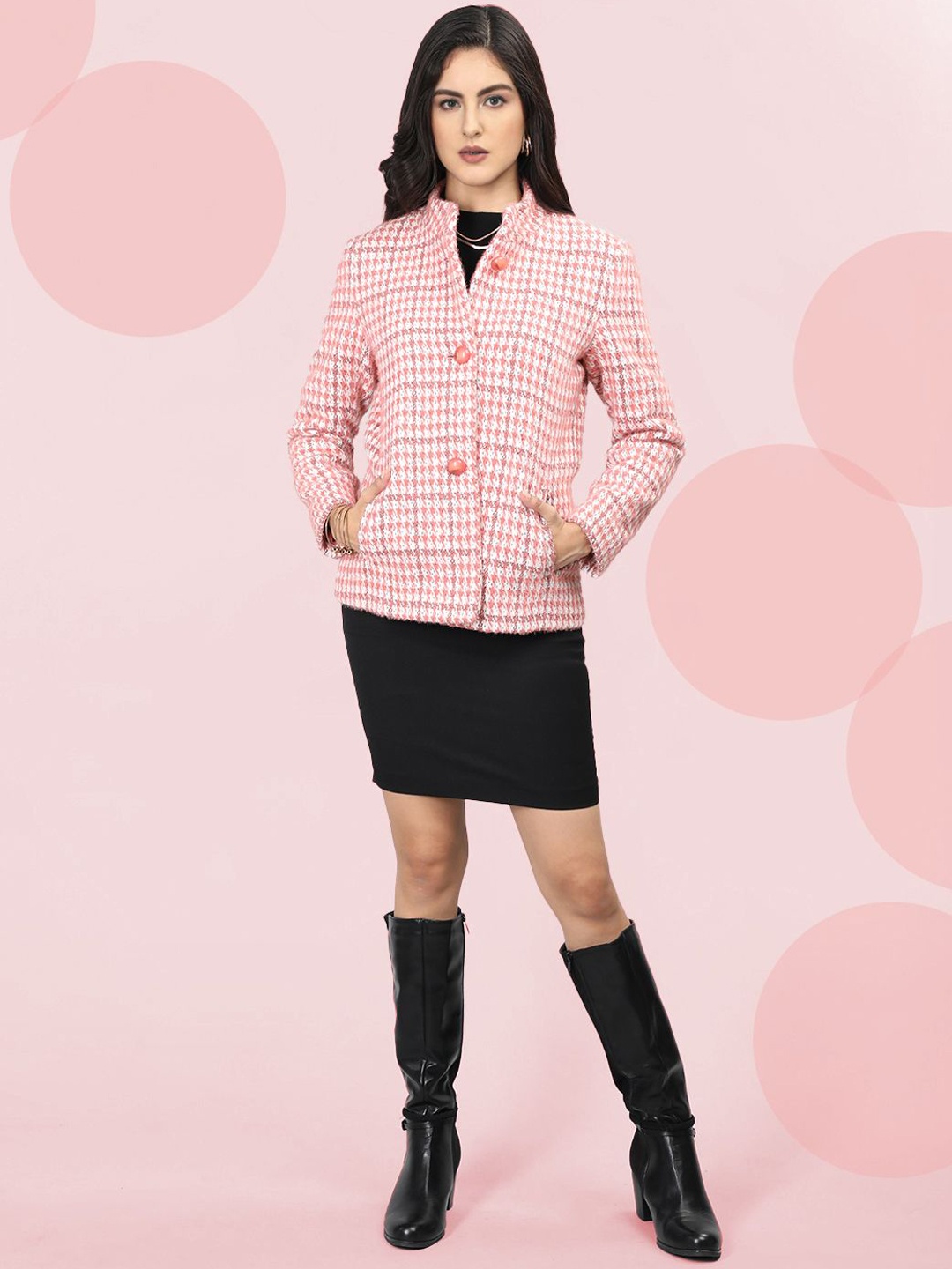 

The Roadster Lifestyle Co. Women Checked Single-Breasted Woollen Overcoat, Pink