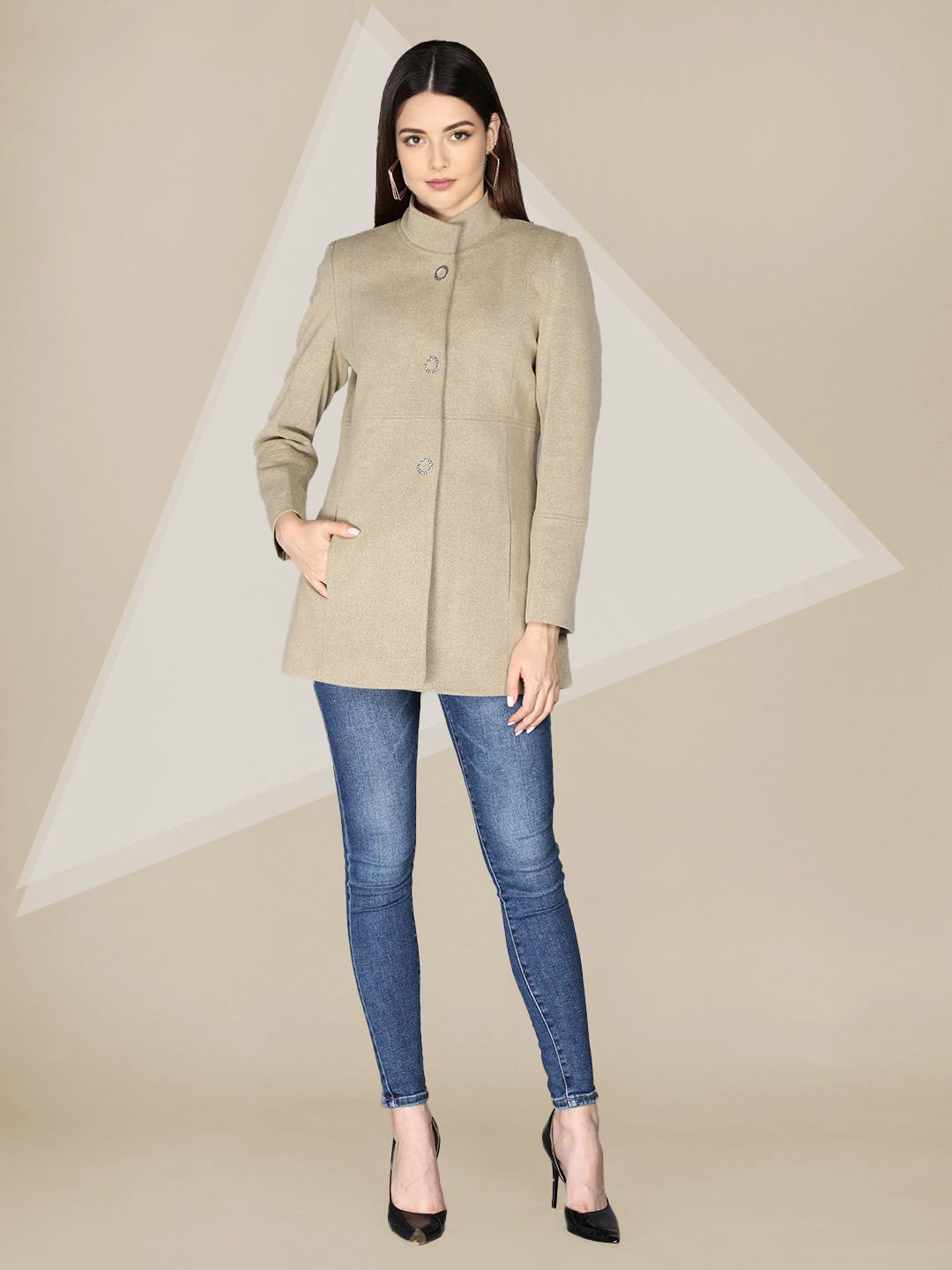 

The Roadster Lifestyle Co. Women Solid Stand Collar Woollen Overcoat, Khaki