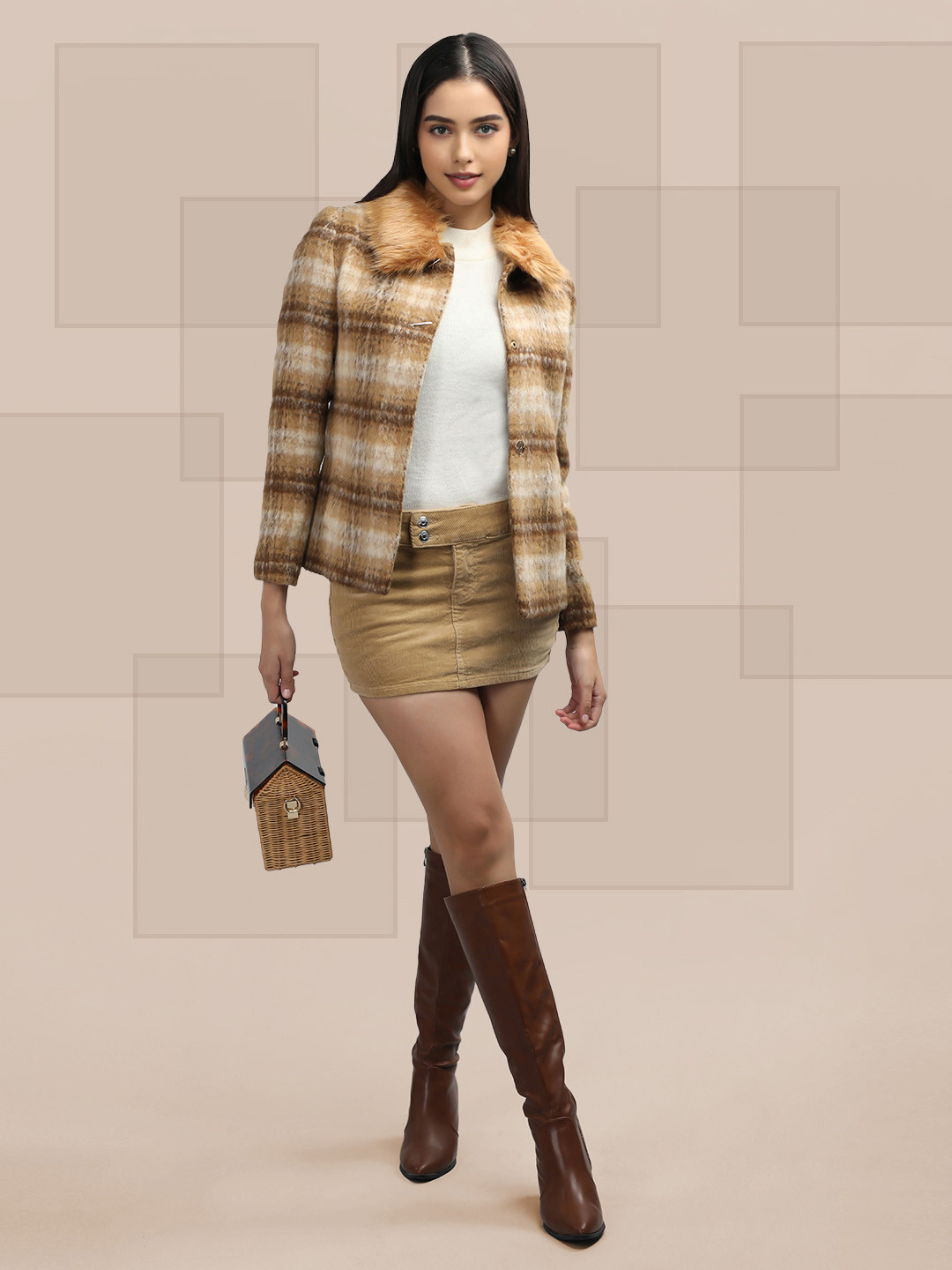 

The Roadster Lifestyle Co. Women Checked Fur Collar Single Breasted Woollen Overcoat, Brown