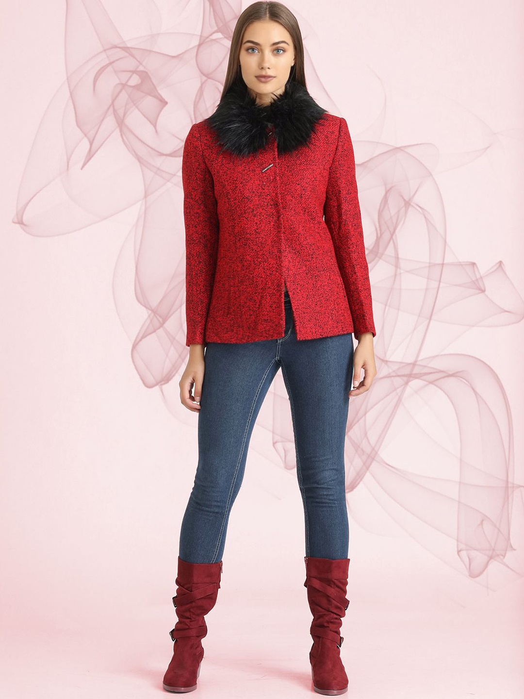 

The Roadster Lifestyle Co. Women Printed Fur Collar Woollen Overcoat, Red