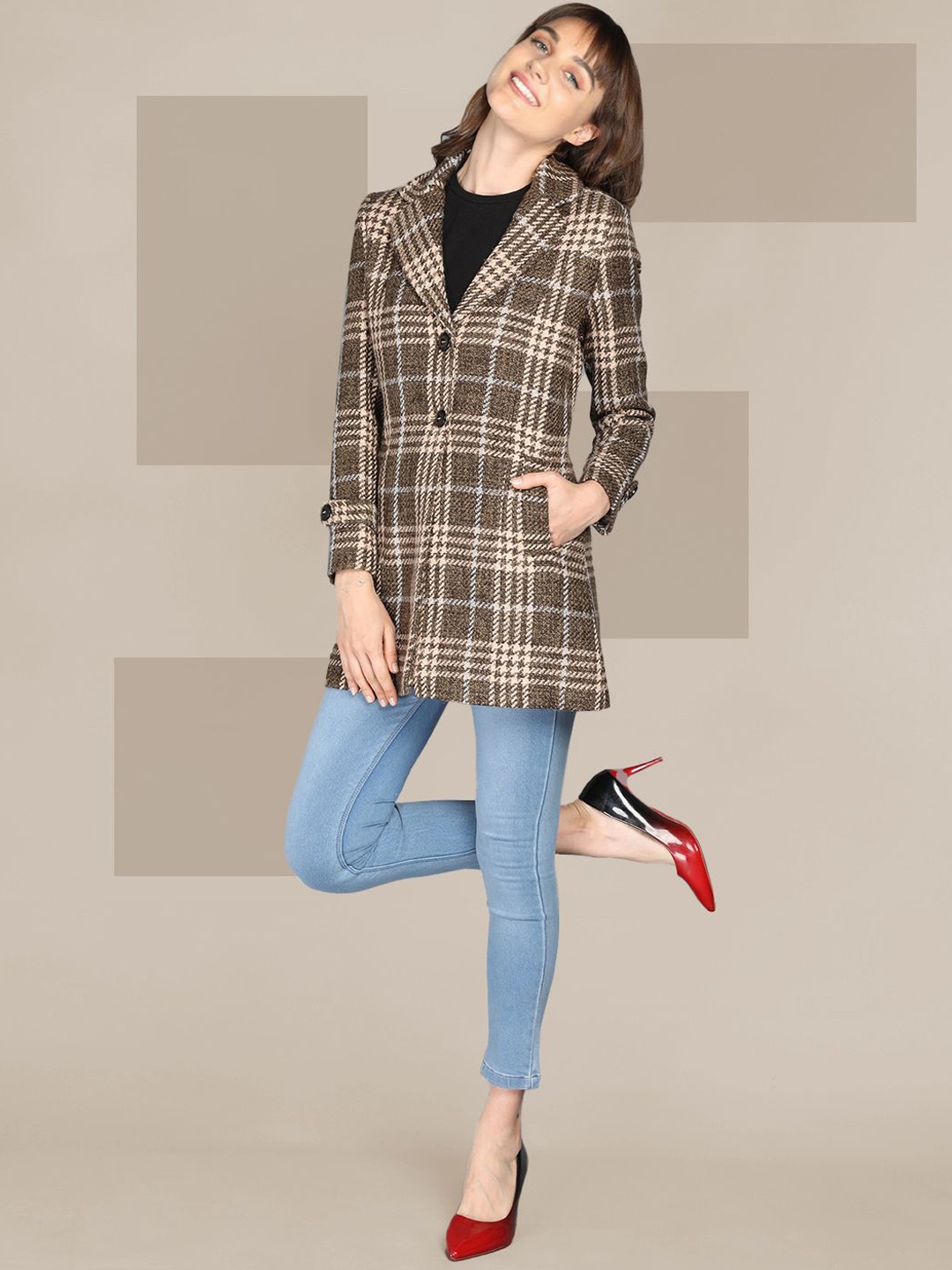 

The Roadster Lifestyle Co. Women Checked Single Breasted Woollen Overcoat, Brown