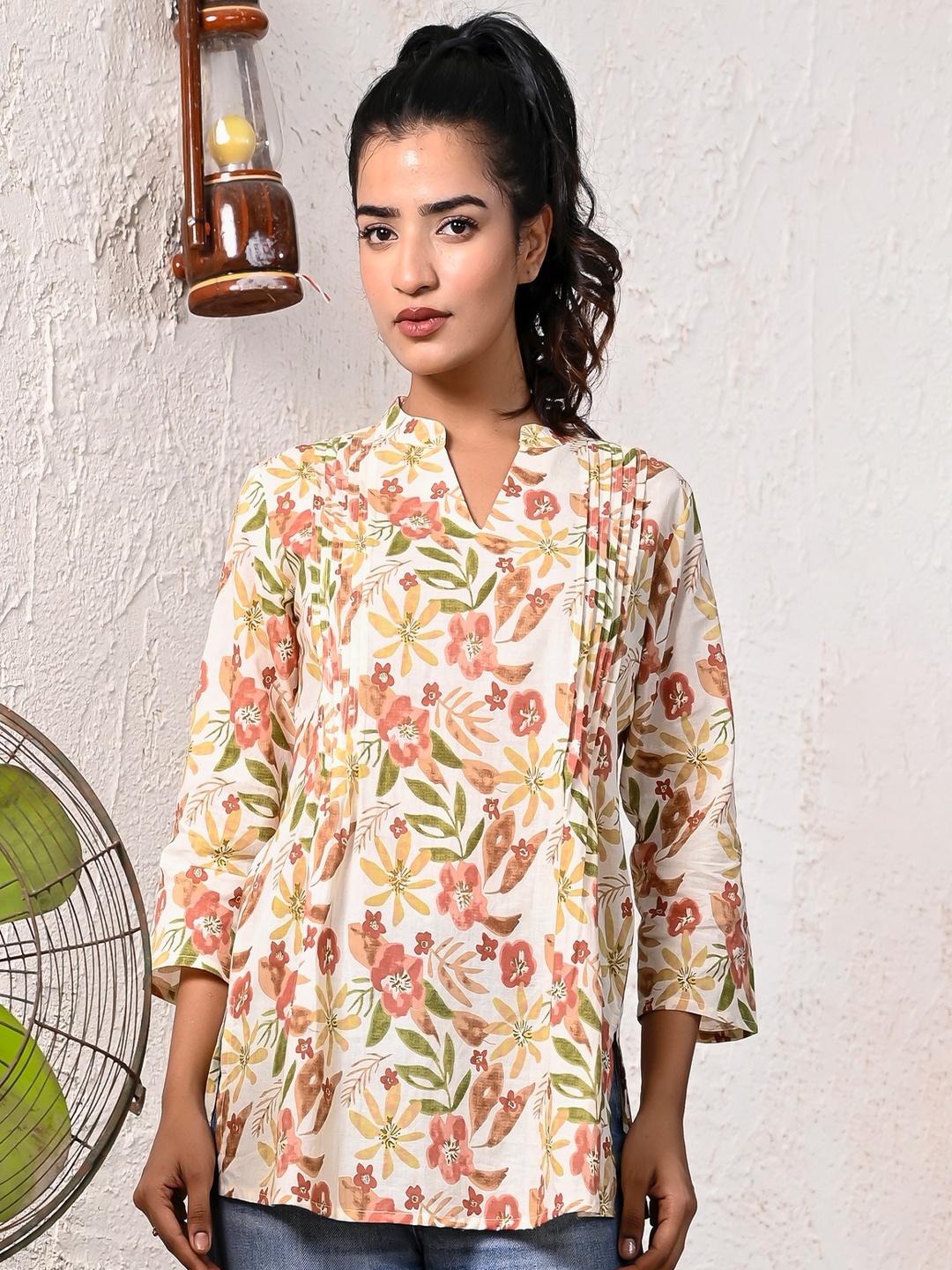 

Kohsh Floral Print Mandarin Collar Cotton Top, Off white