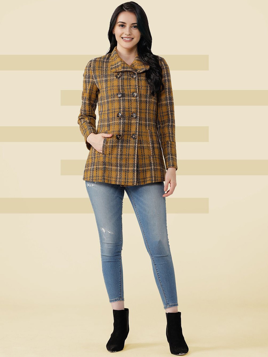 

The Roadster Lifestyle Co. Women Checked Woollen Single Breasted Overcoat, Mustard
