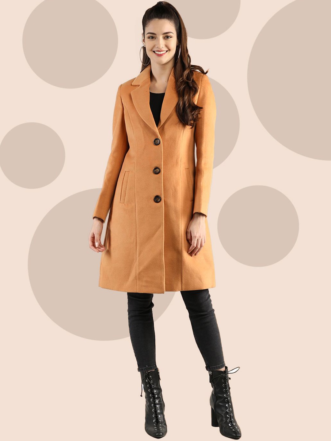 

The Roadster Lifestyle Co. Women Solid Lapel Collar Wool Overcoat, Camel brown