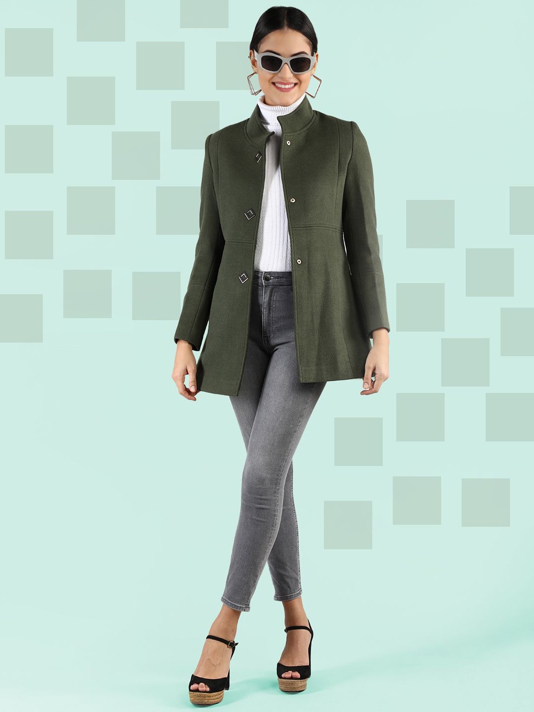 

The Roadster Lifestyle Co. Women Solid Single Breasted Woollen Overcoat, Olive