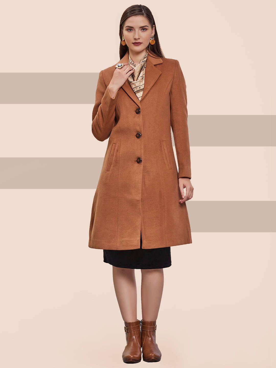 

The Roadster Lifestyle Co. Women Notched Lapel Single-Breasted Wool Overcoat, Tan