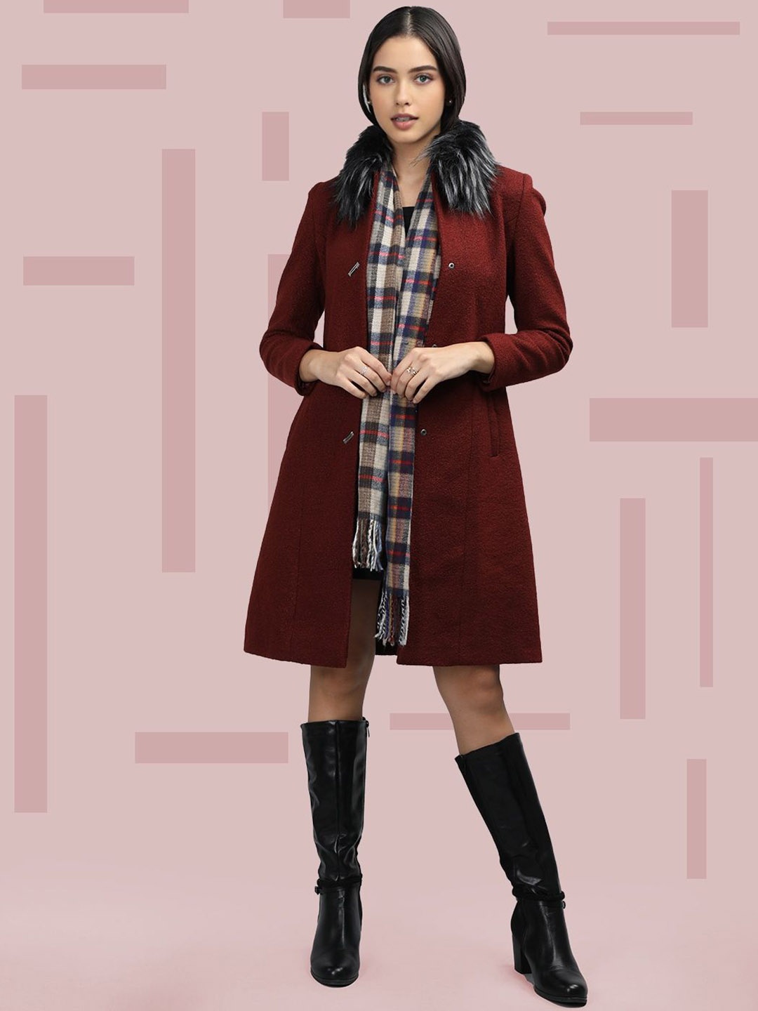 

The Roadster Lifestyle Co. Women Self Design Fur Collar Woollen Overcoat, Maroon