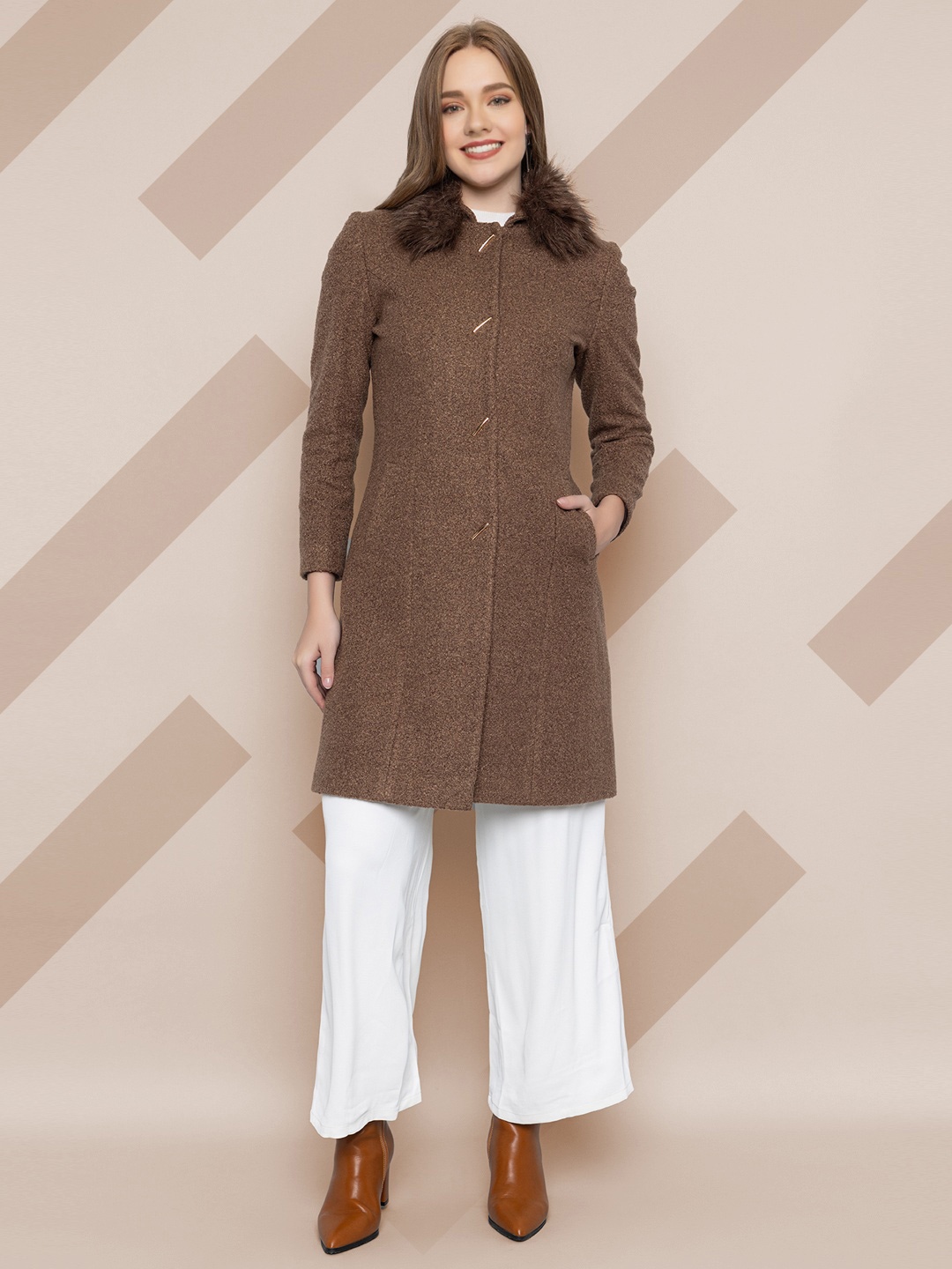

The Roadster Lifestyle Co. Women Self Design Single Breasted Fur Collar Woollen Overcoat, Brown