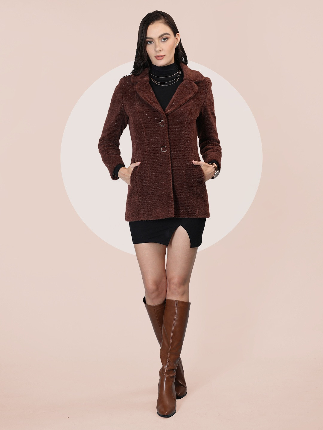 

The Roadster Lifestyle Co. Women Self Design Single Breasted Woollen Overcoat, Brown