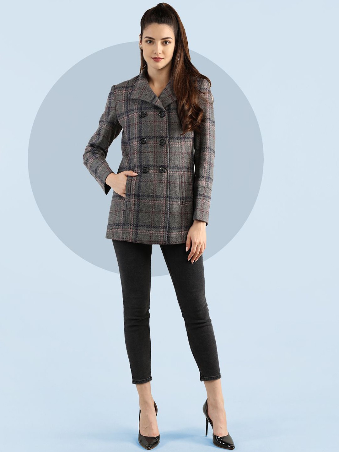 

The Roadster Lifestyle Co. Women Checked Double Breasted Woollen Overcoat, Grey