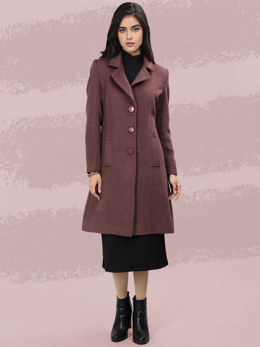 

The Roadster Lifestyle Co. Women Self Design Single Breasted Woollen Overcoat, Maroon