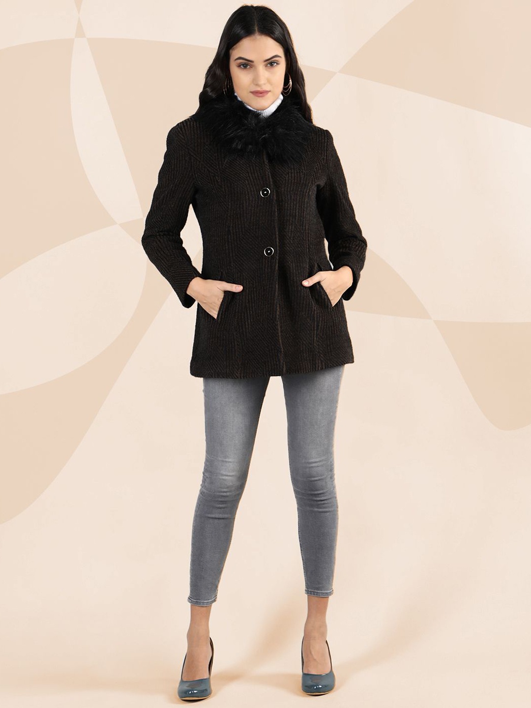 

The Roadster Lifestyle Co. Women Self Design Fur Collar Woollen Overcoat, Olive