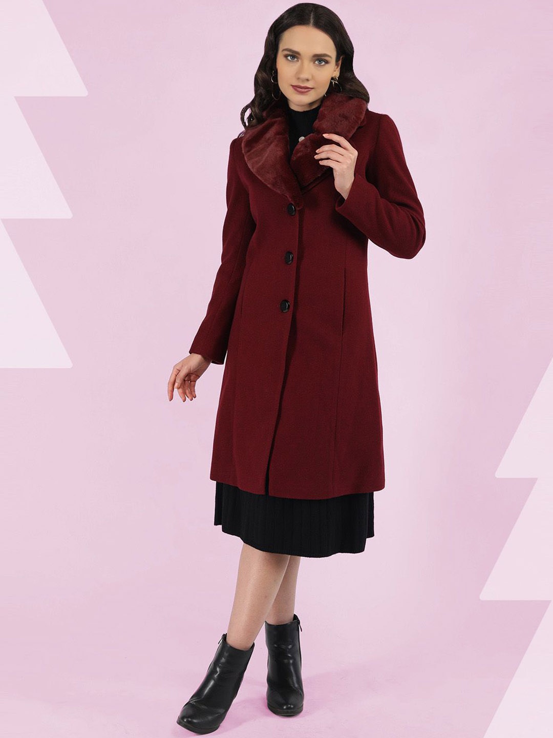 

The Roadster Lifestyle Co. Women Solid Single-Breasted Fur Collar Woollen Overcoat, Burgundy