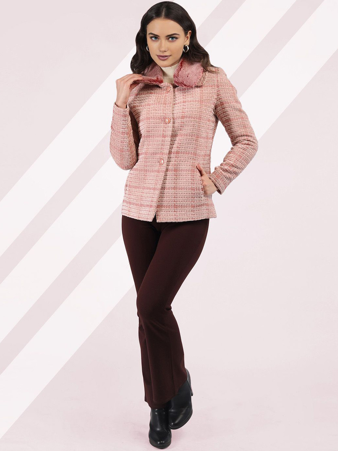 

The Roadster Lifestyle Co. Women Checked Single Breasted Wool Winter Overcoat, Coral