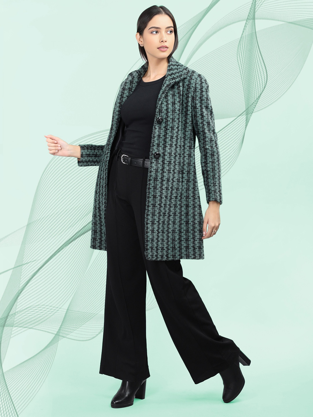 

The Roadster Lifestyle Co. Women Striped Single Breasted Woollen Overcoat, Green