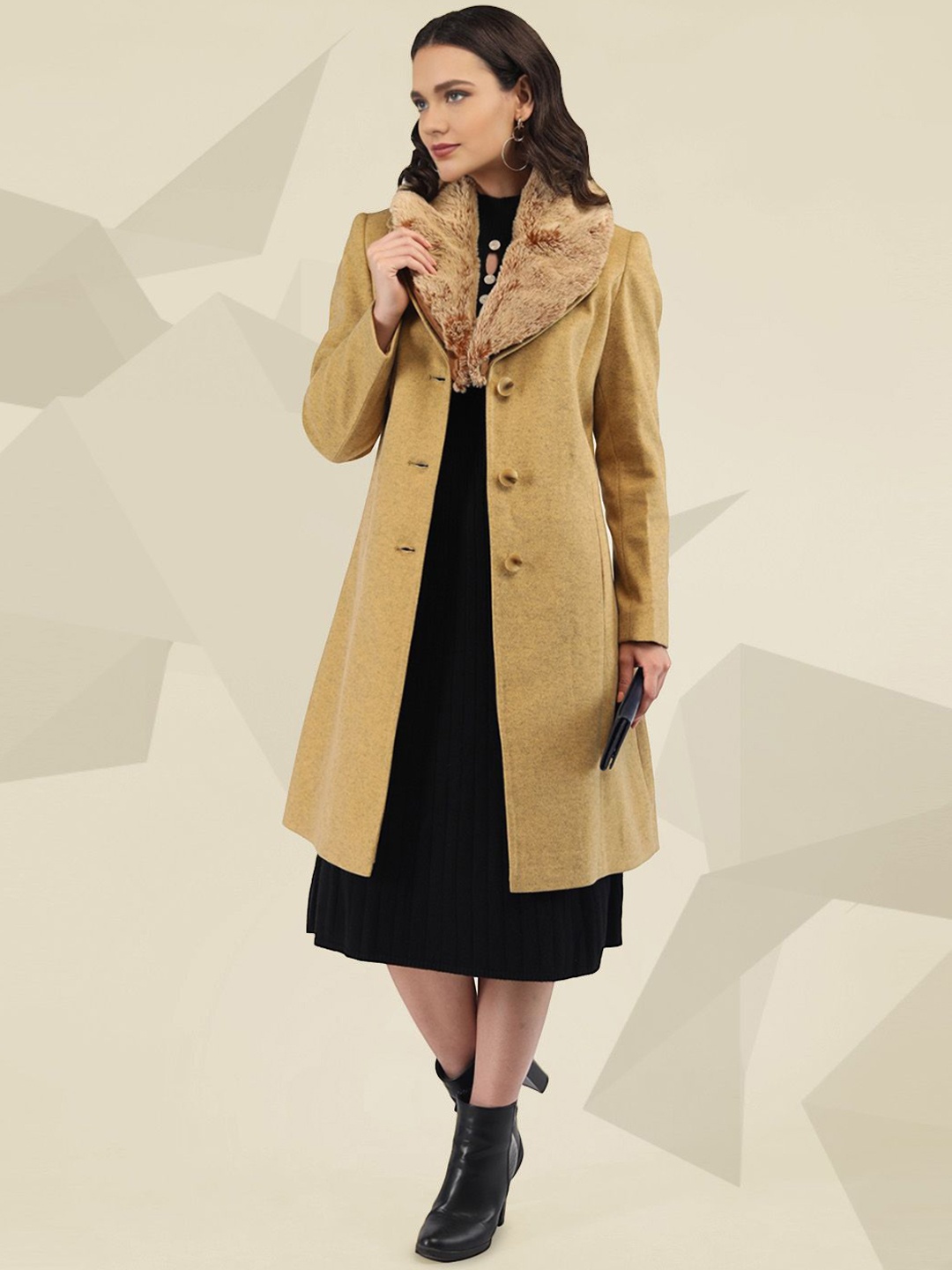 

The Roadster Lifestyle Co. Women Single-Breasted Fur Collar Solid Woollen Overcoat, Mustard