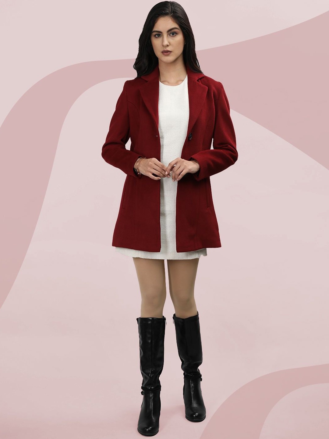 

The Roadster Lifestyle Co. Women Single Breasted Solid Woollen Overcoat, Maroon