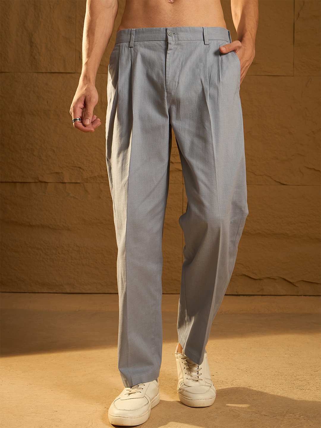

DENNISON Textured Double Pleated Korean Baggy Fit Trouser, Grey