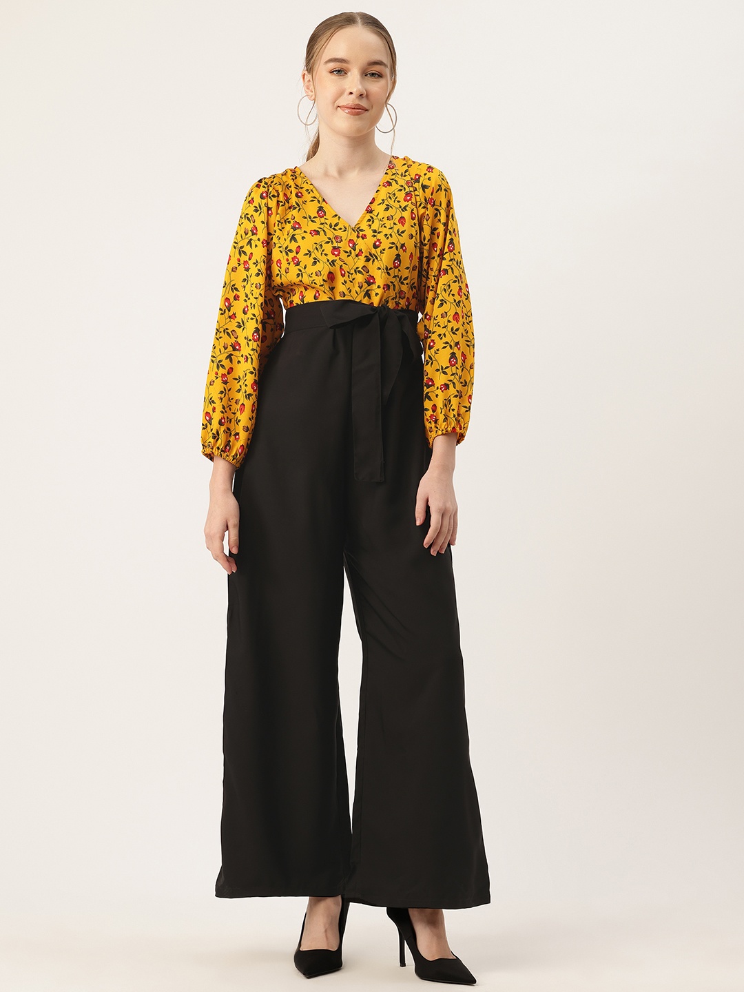 

Sleek Italia Floral Printed Basic Jumpsuit, Mustard