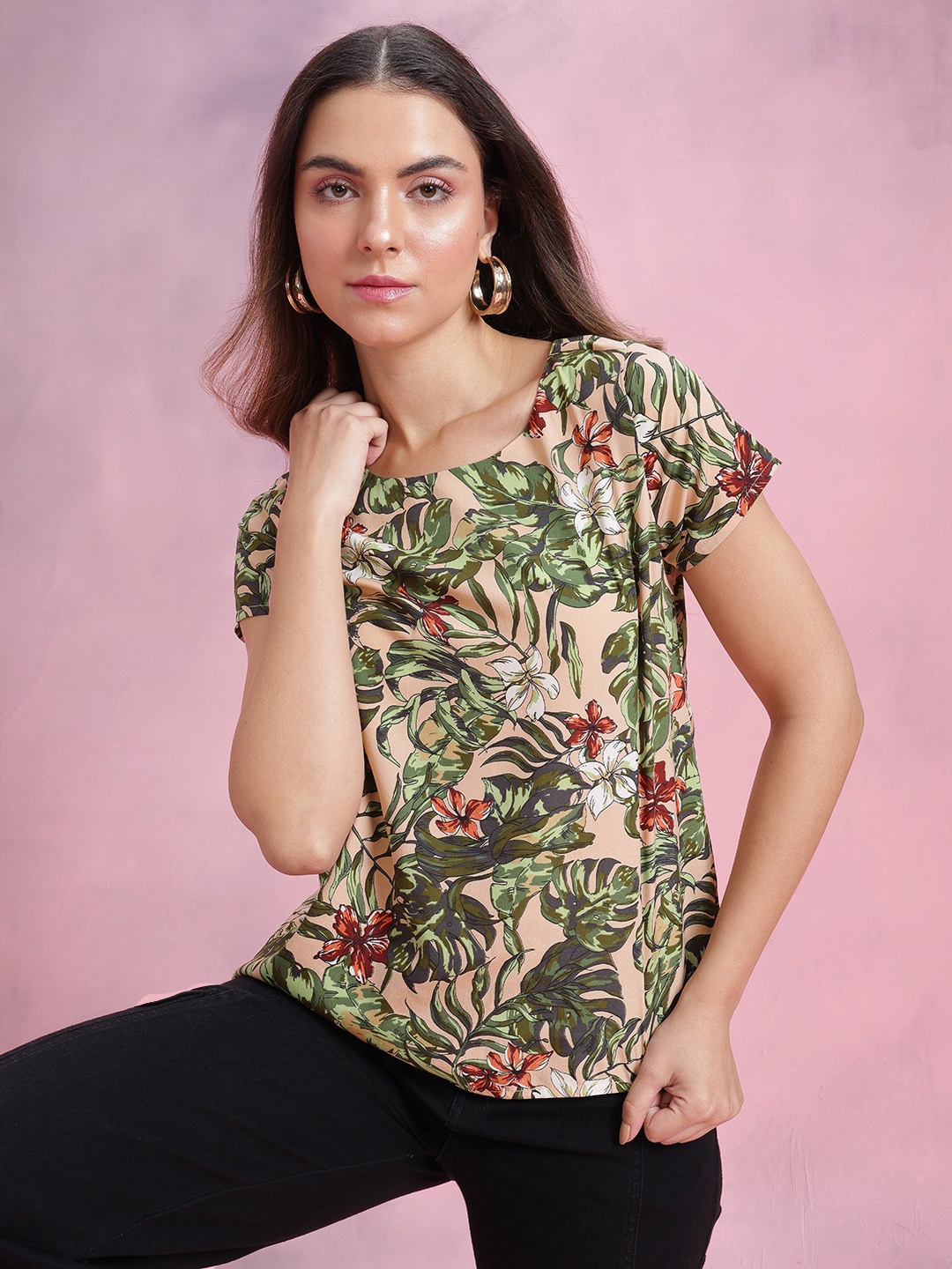 

DressBerry Floral Print Regular Top, Beige