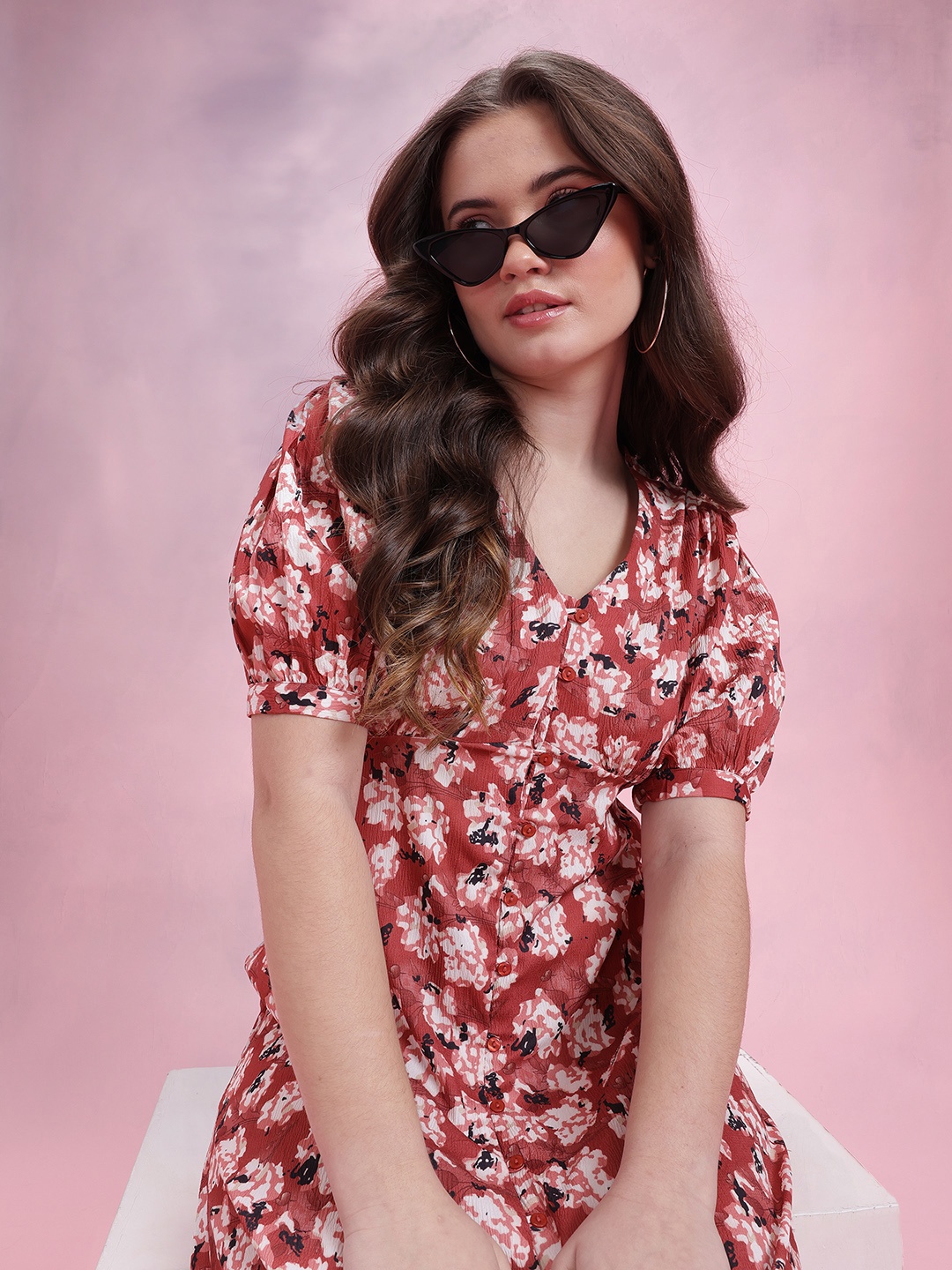 

DressBerry Floral Print Empire Midi Dress, Brown