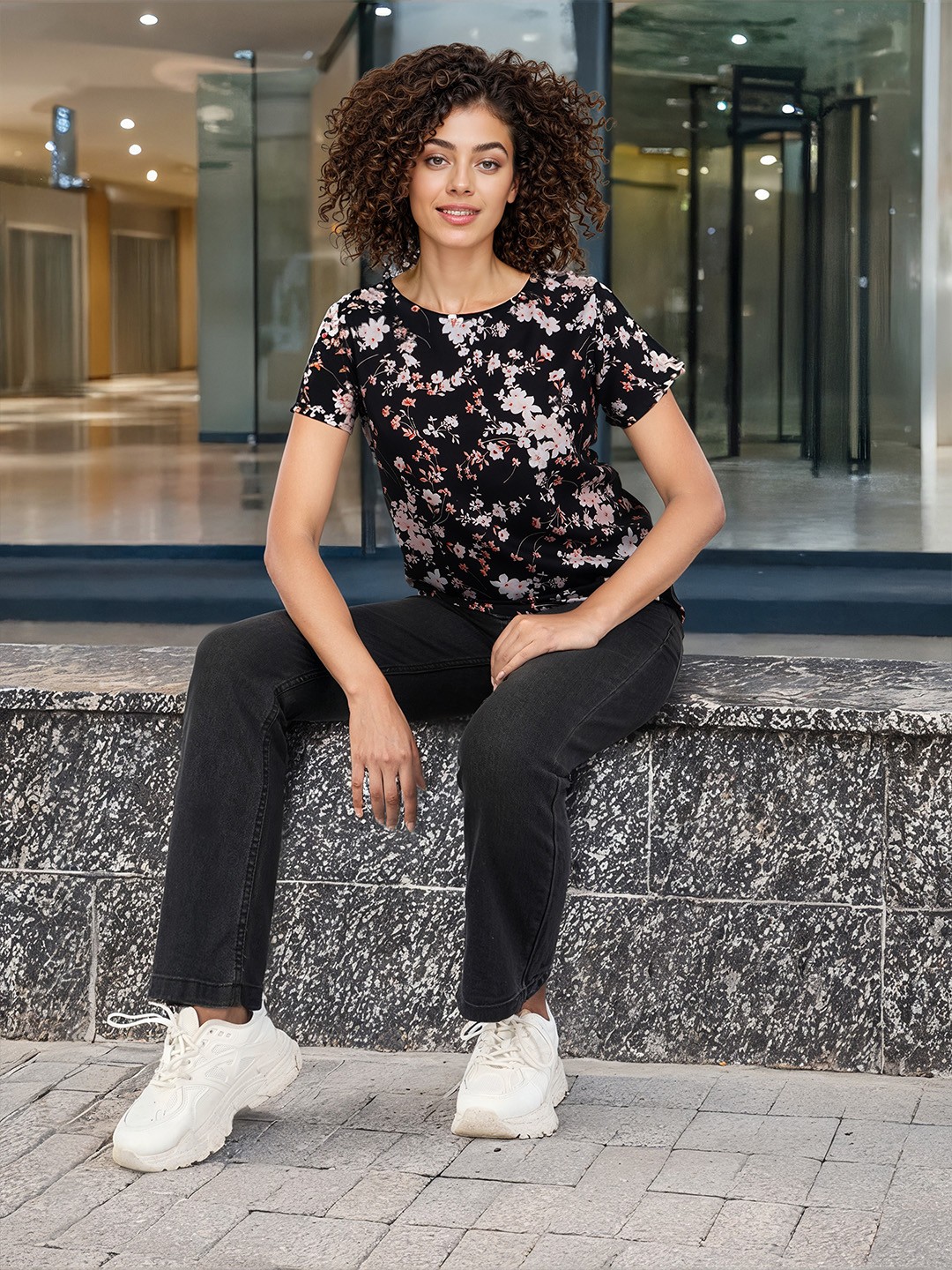 

DressBerry Floral Printed Top, Black