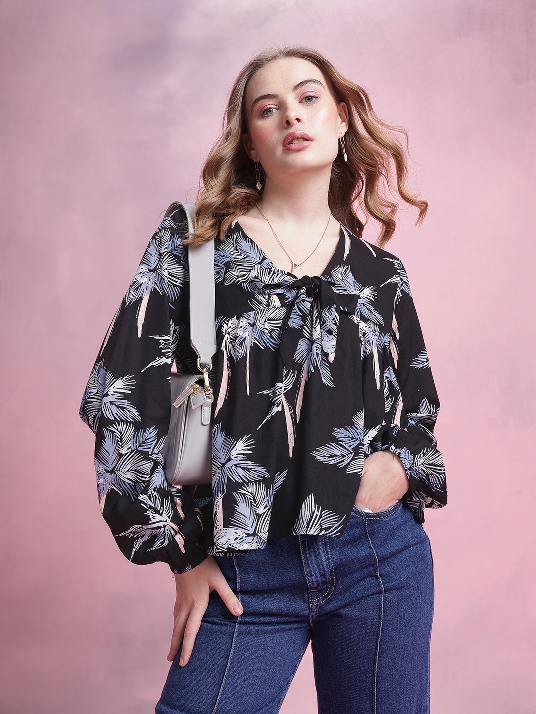 

DressBerry Tropical Print Tie-Up Styling Empire Top, Black