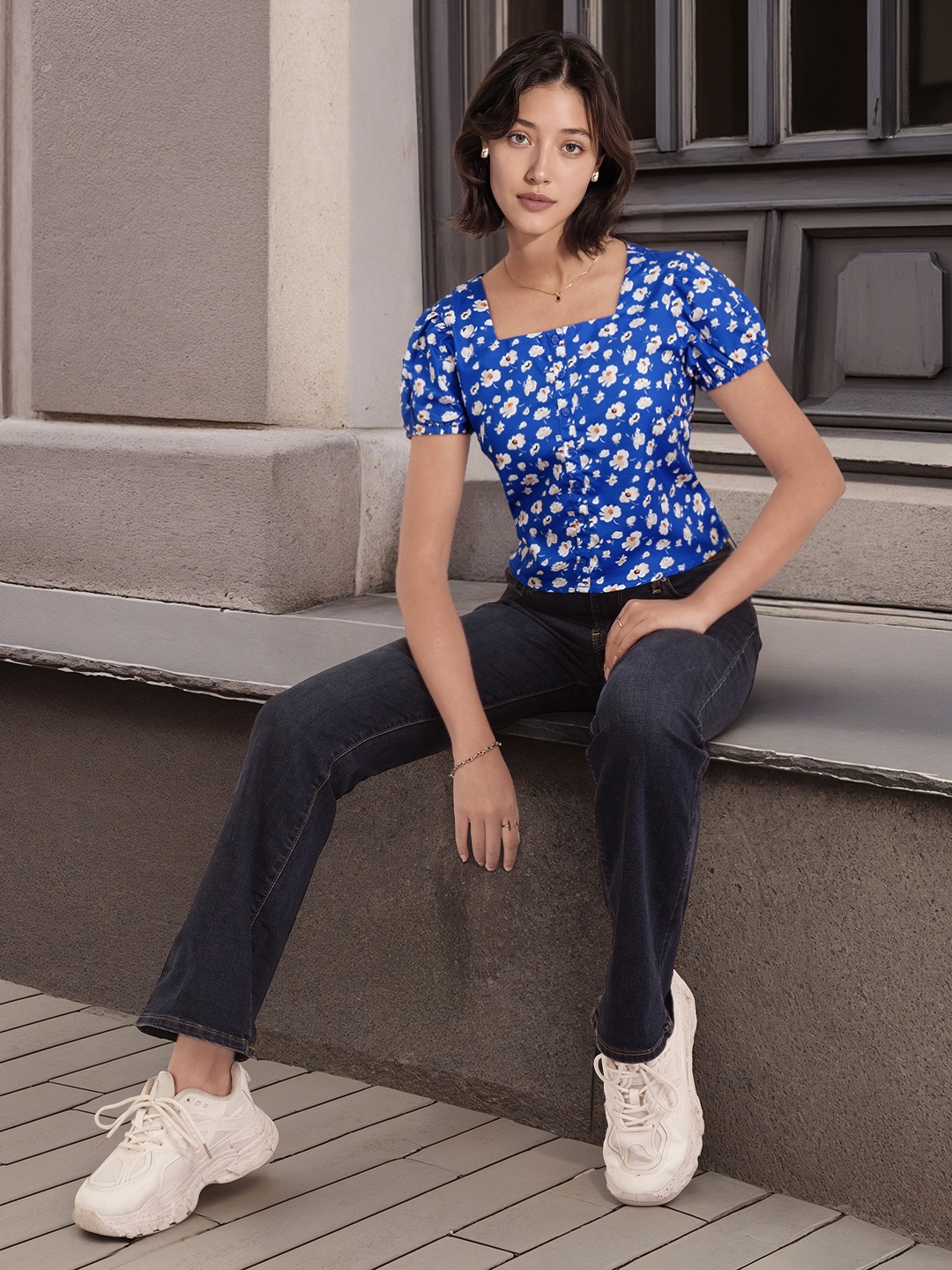 

DressBerry Floral Printed Puff Sleeve Top, Blue