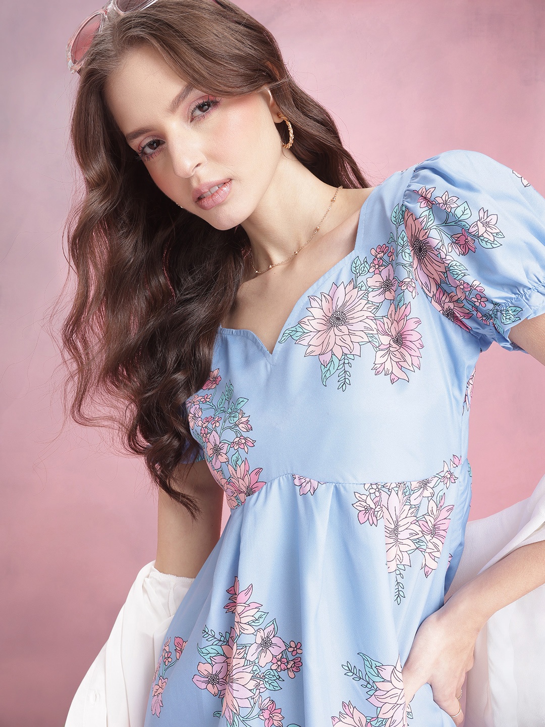 

DressBerry Floral Print Puff Sleeves Midi Fit & Flare Dress, Blue