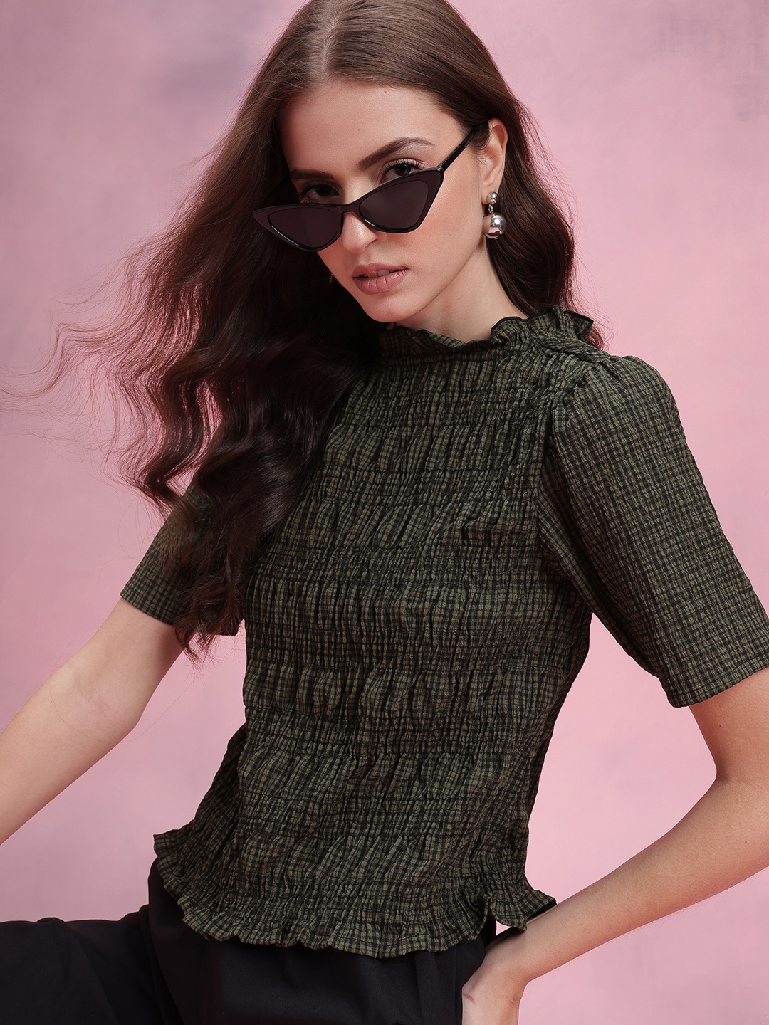

DressBerry Checked Smocked Top, Green