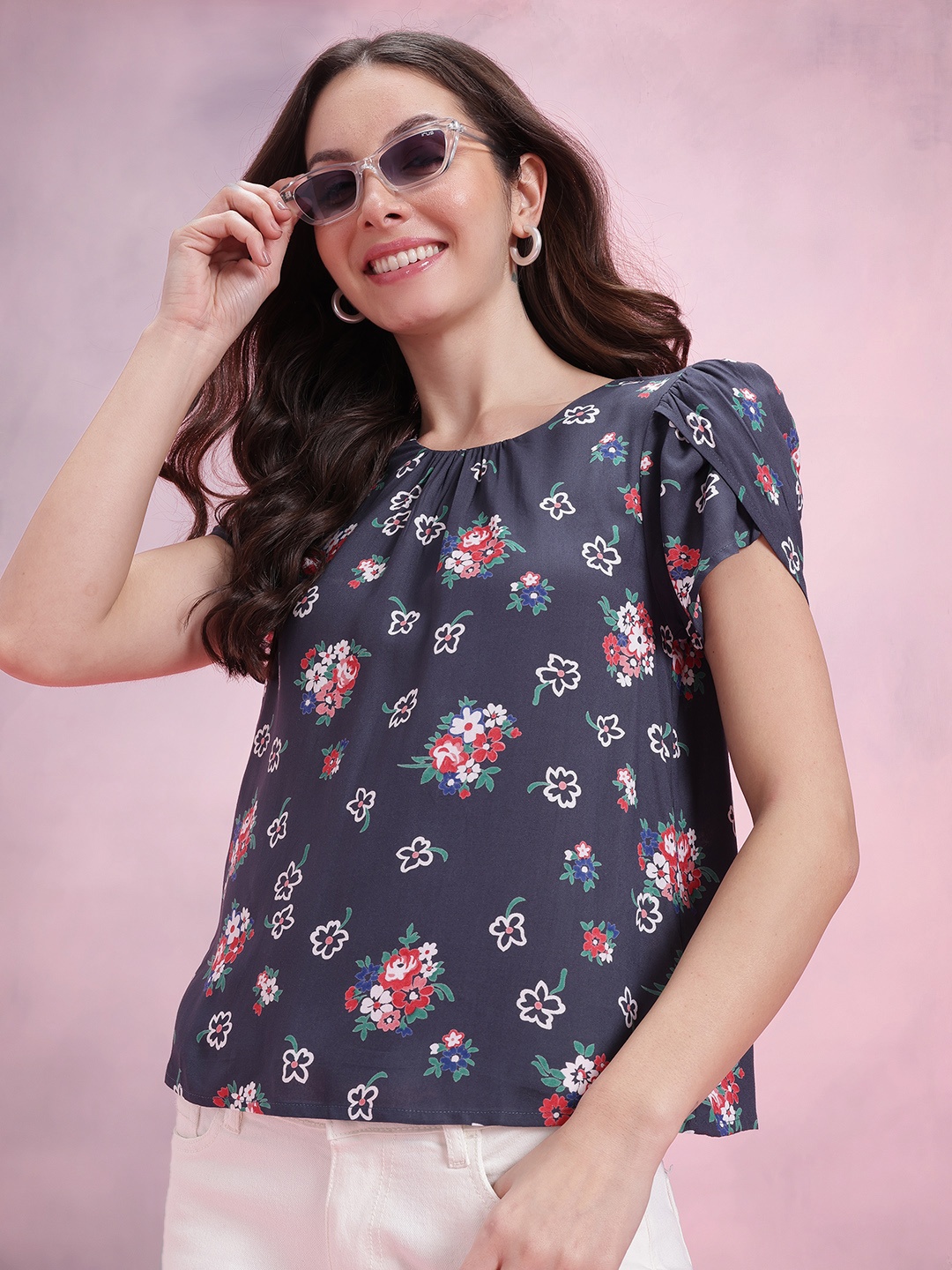 

DressBerry Floral Printed Petal Sleeve Top, Navy blue
