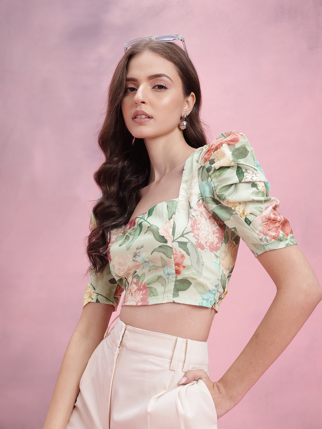 

DressBerry Floral Print Paneled Puff Sleeve Crop Top, Green