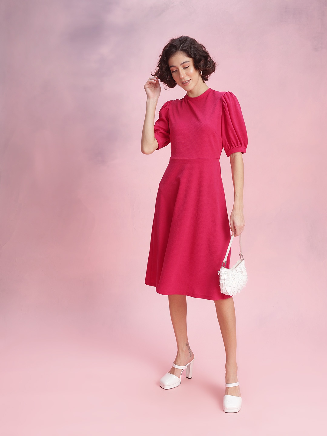 

DressBerry Bizwear Textured Puff Sleeves Midi A-Line Dress, Fuchsia