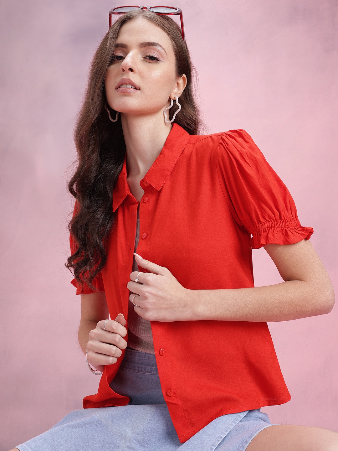 

DressBerry Solid Puff Sleeves Casual Shirt, Red