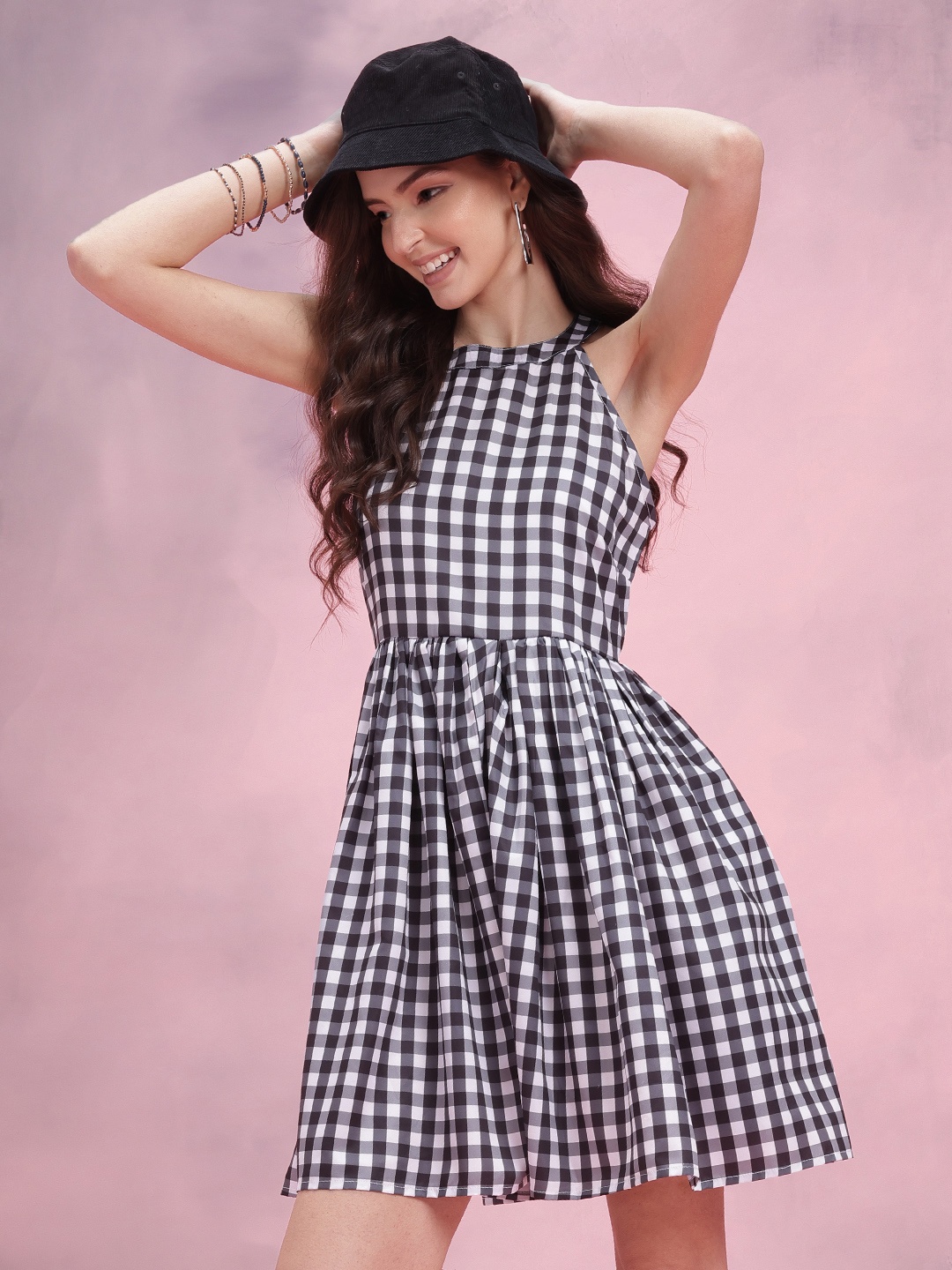 

DressBerry Checked Halter Neck Fit & Flare Dress, Black