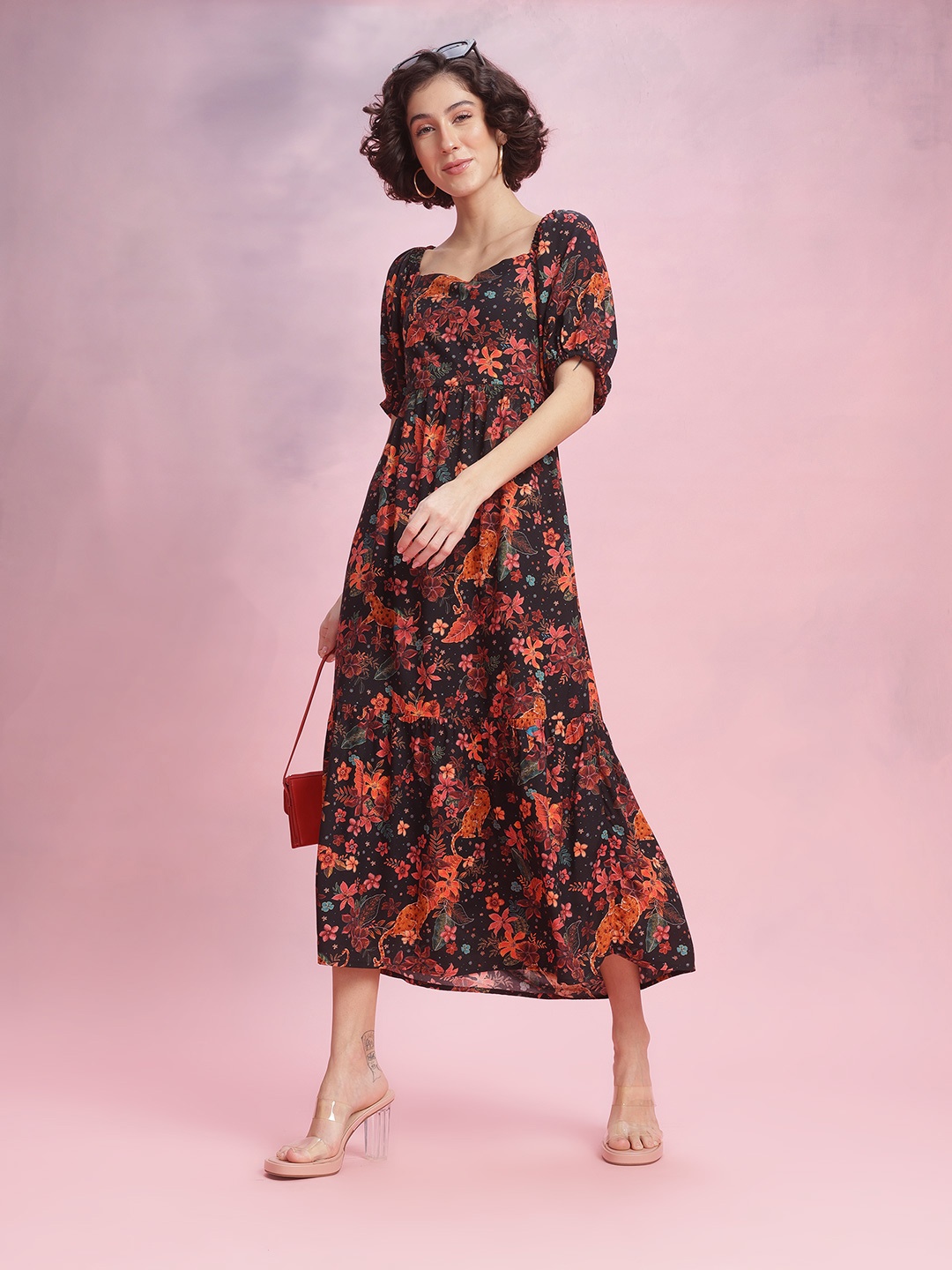 

DressBerry Floral Printed Knot Detail Tiered A-Line Maxi Dress, Black