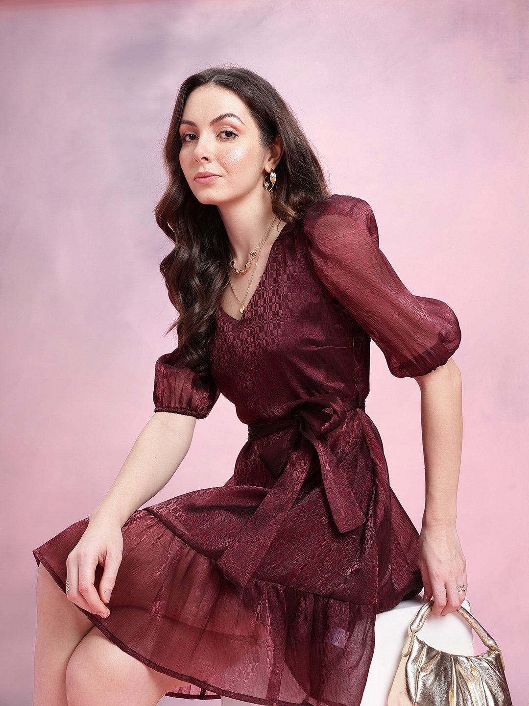 

DressBerry Geometric Self-Design Puff Sleeves Party Fit & Flare Dress with Belt, Maroon