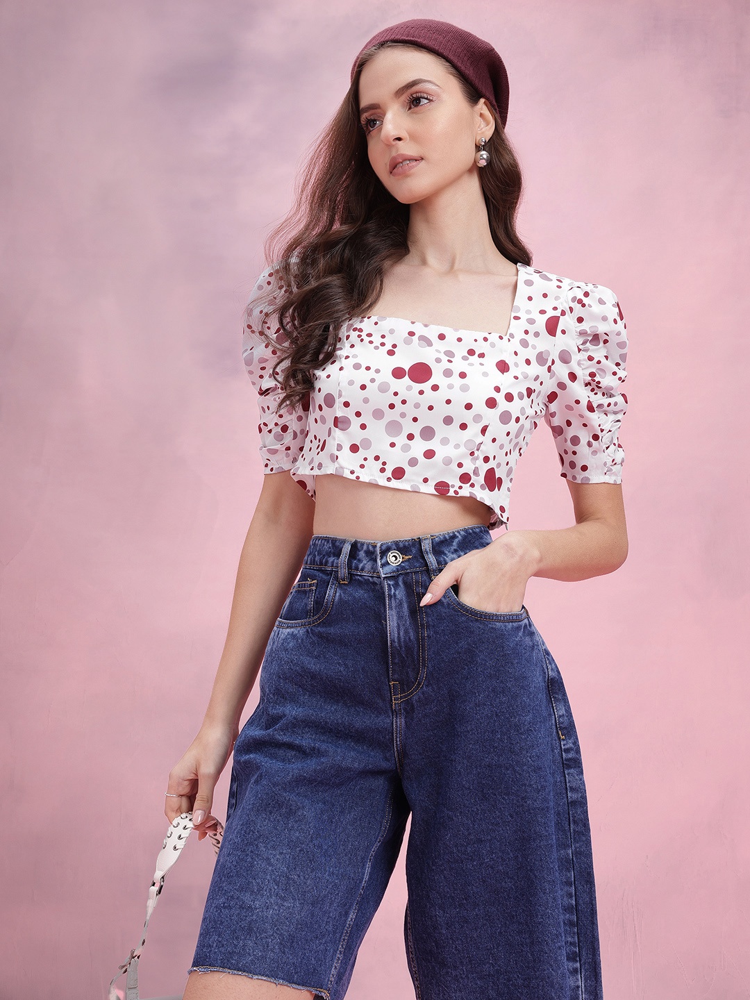 

DressBerry Polka Dots Print Puff Sleeve Crop Top, White