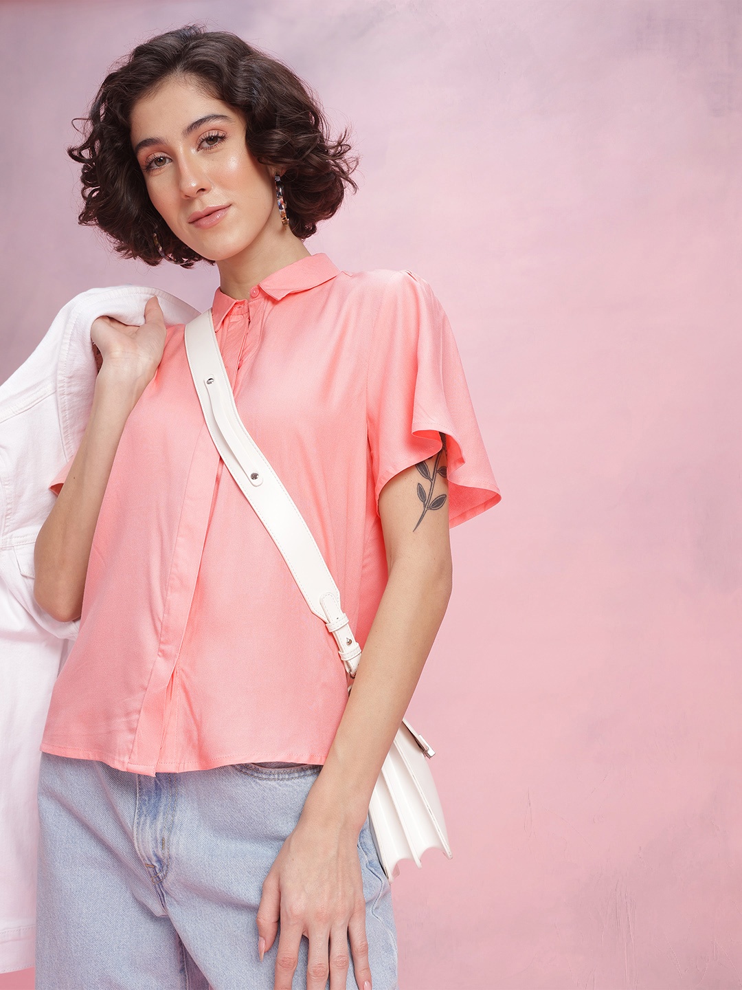 

DressBerry Flared Sleeves Casual Shirt, Pink
