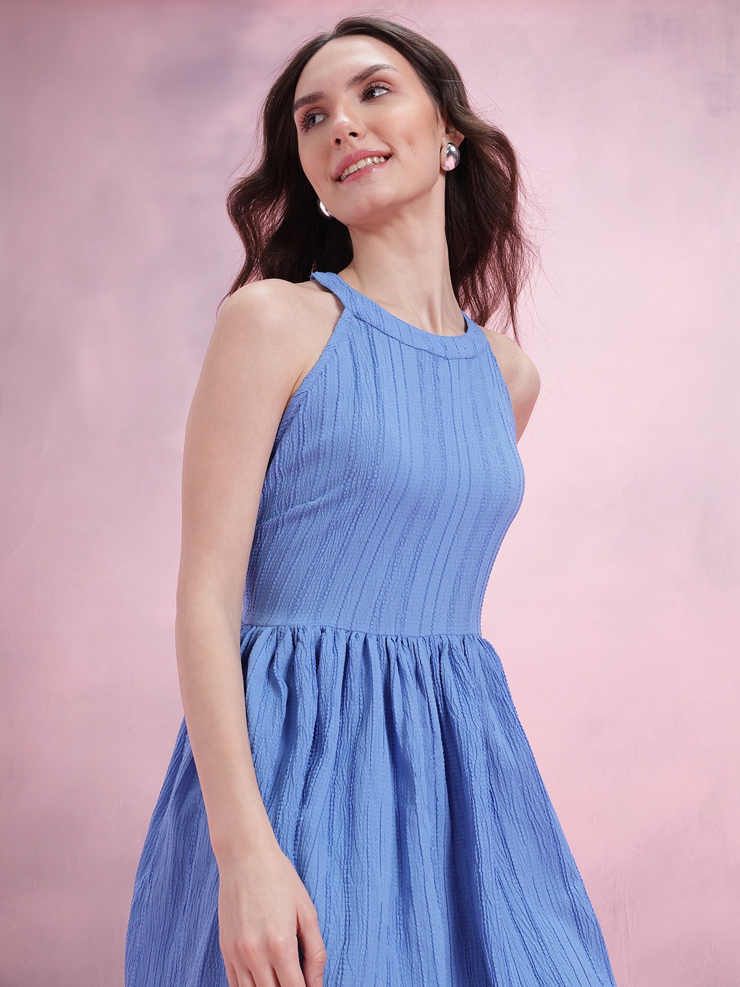 

DressBerry Halter Neck Fit & Flare Mini Dress, Blue