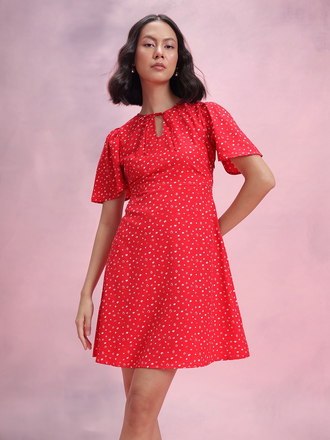 

DressBerry Printed Tie-Up Neck A-Line Dress, Red