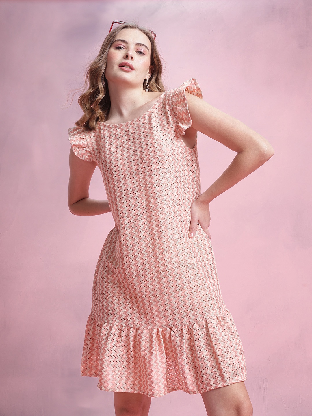 

DressBerry Chevron Striped Flutter Sleeve Crochet A-Line Dress, Pink