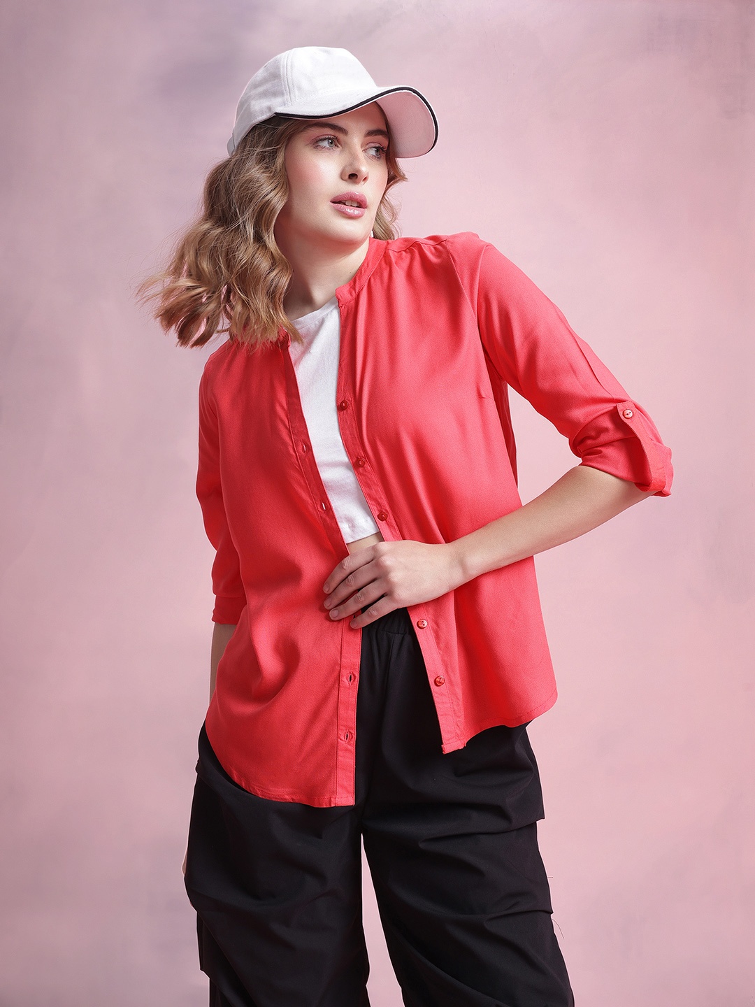 

DressBerry Mandarin Collar Casual Shirt, Pink