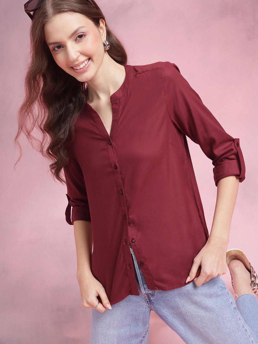 

DressBerry Roll Up Sleeves Shirt, Maroon