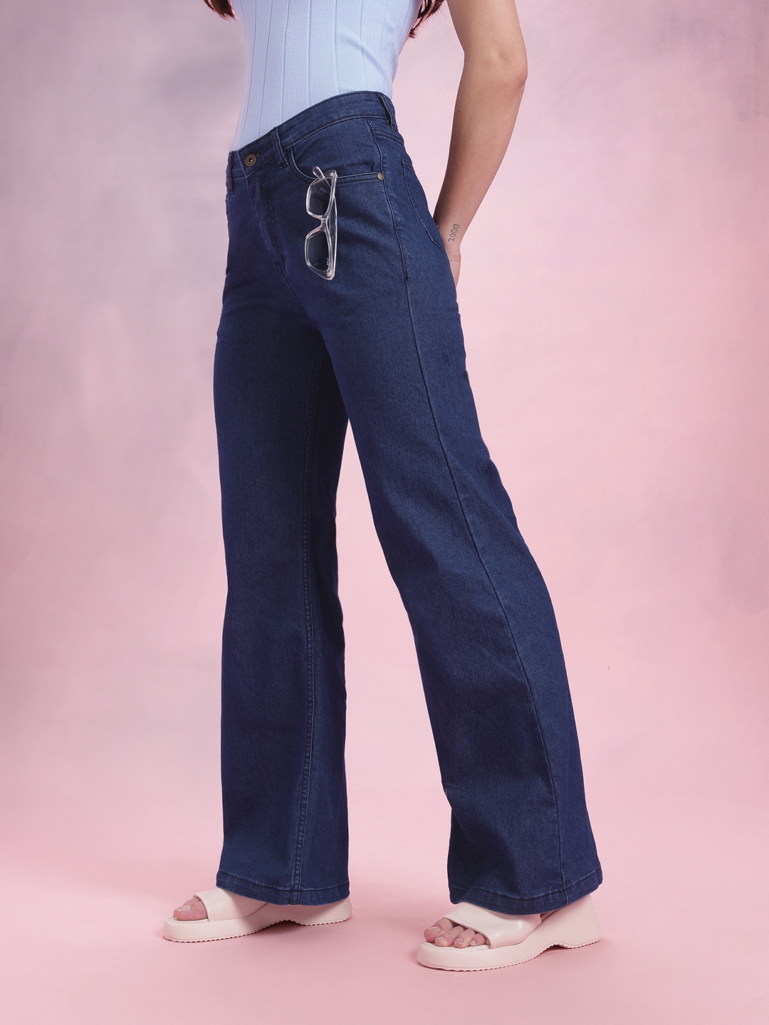 

DressBerry Women Wide Leg High-Rise Stretchable Jeans, Navy blue