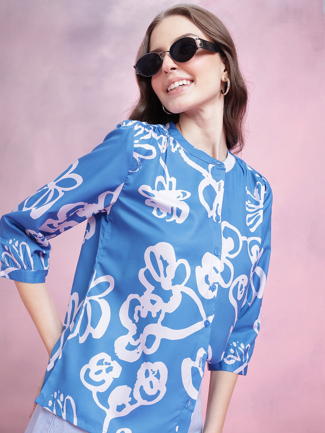 

DressBerry Floral Printed Shirt-Style Top, Blue