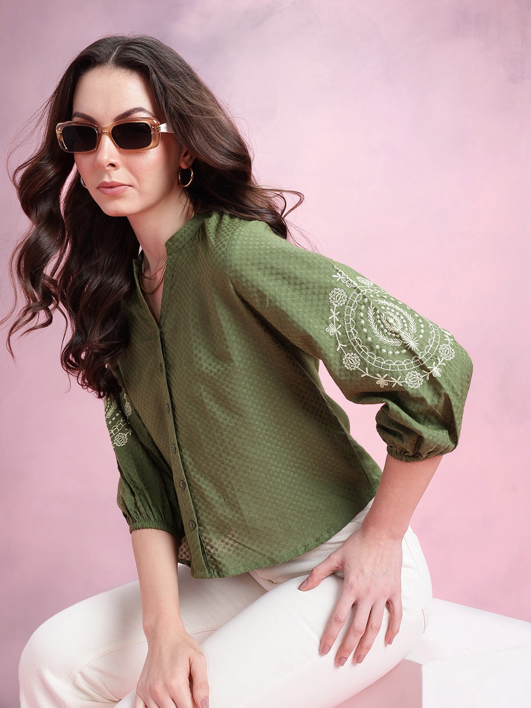 

DressBerry Mandarin Collar Puff Sleeve Embroidered Cotton Top, Green