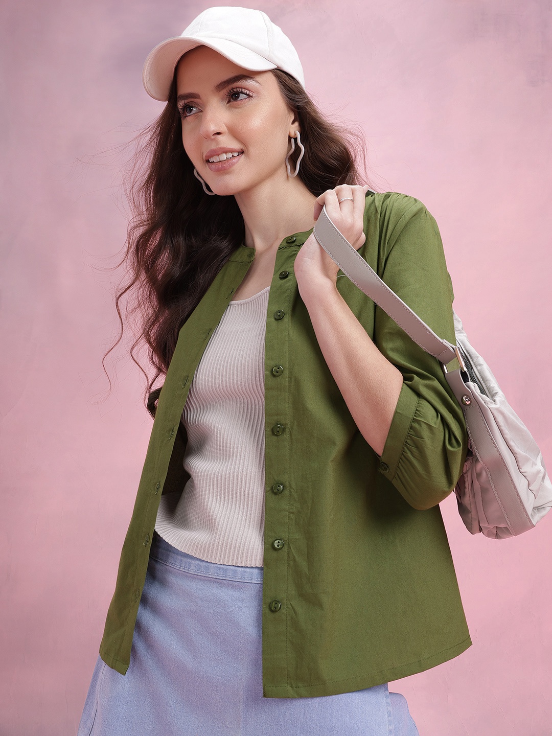 

DressBerry Mandarin Collar Puff Sleeve Shirt Style Top with Gathered Details, Olive